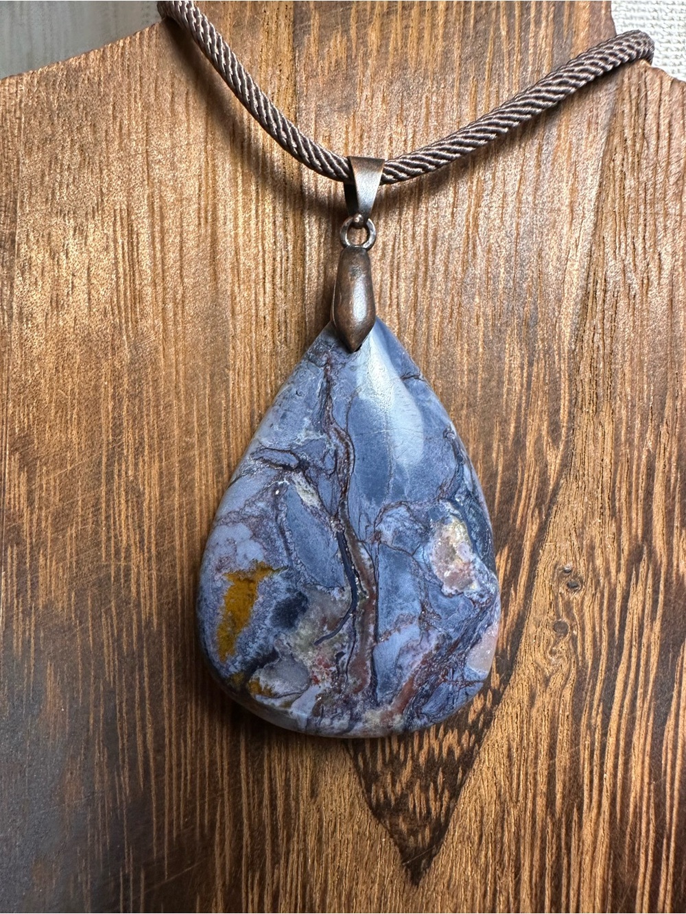 Blue Pietersite Teardrop Pendant Necklace on Brown Rope